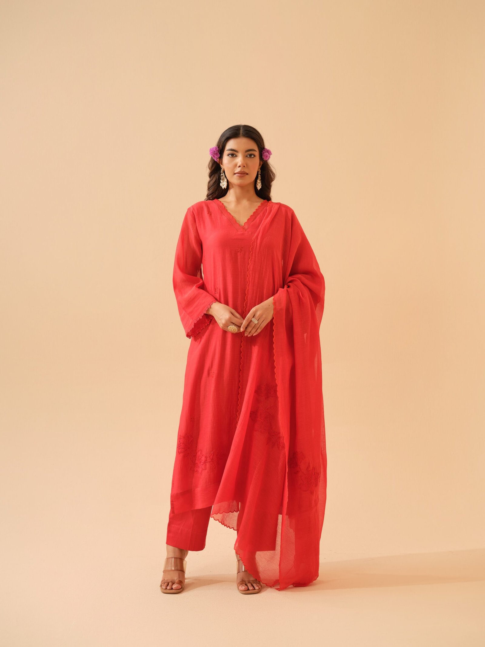Basant- Scarlet Red Mul Chanderi Kurta Set with Dupatta