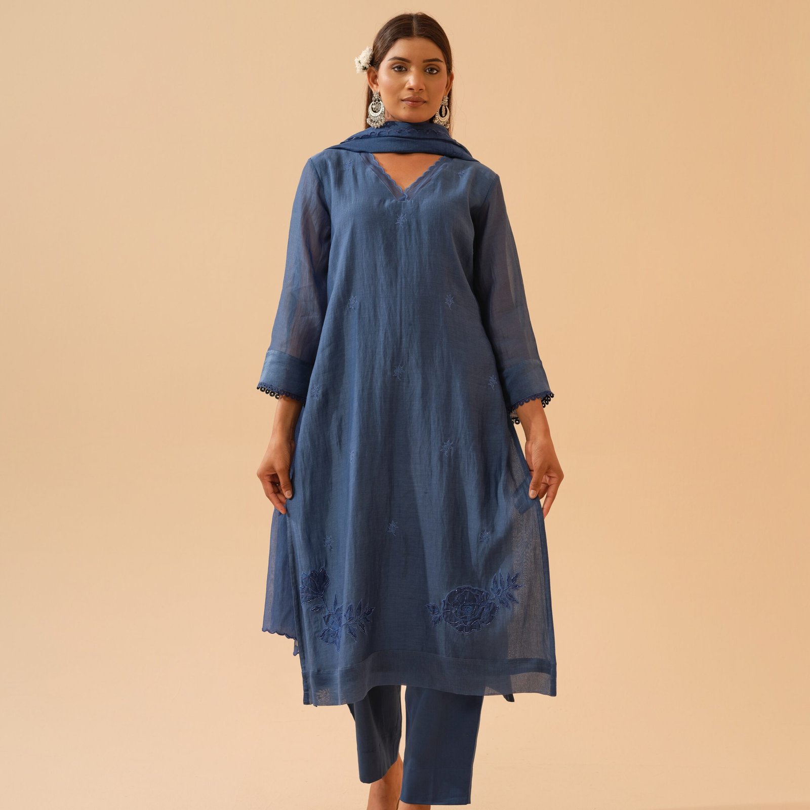 Basant- Blue Mul Chanderi Kurta Set with Dupatta