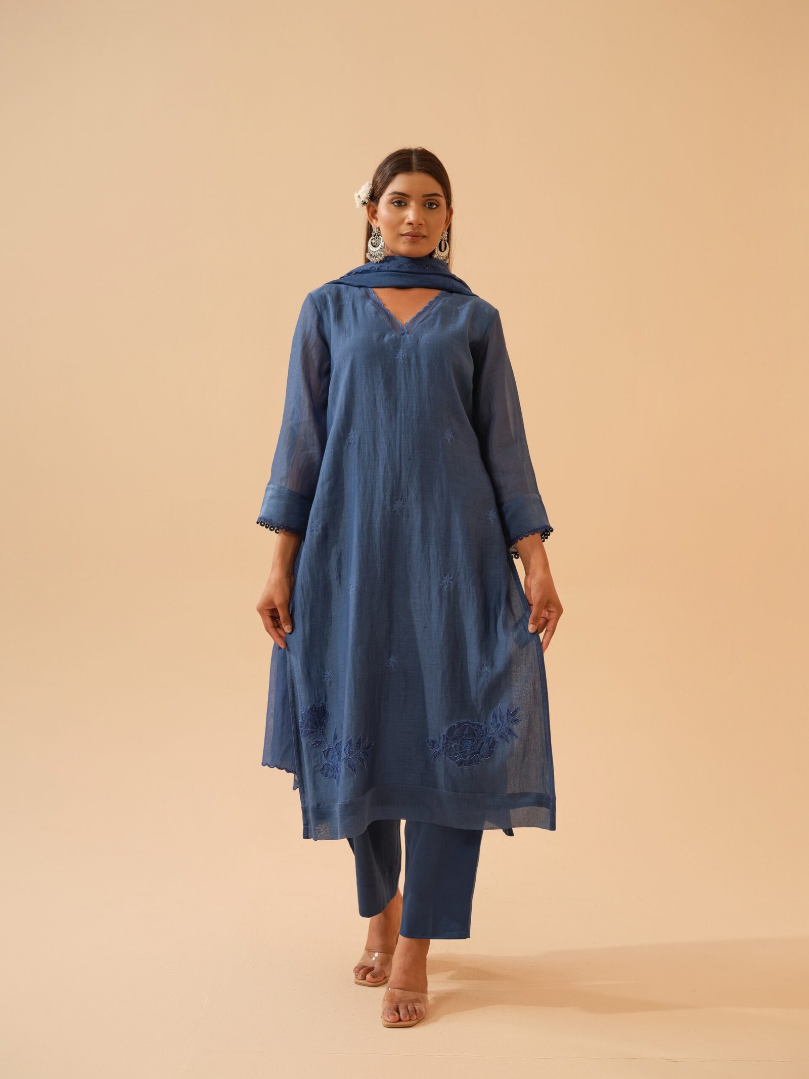 Basant- Blue Mul Chanderi Kurta Set with Dupatta