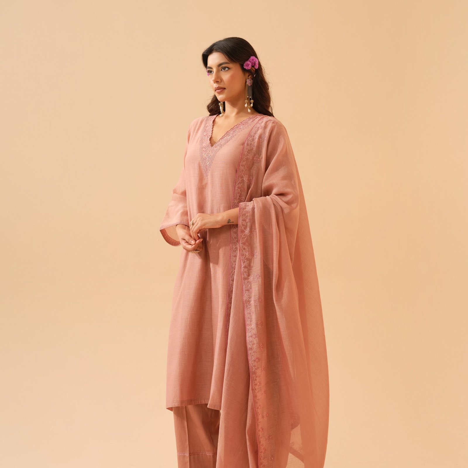 Palash- Blush Pink Mul Chanderi Embroidered Kurta Set with Dupatta