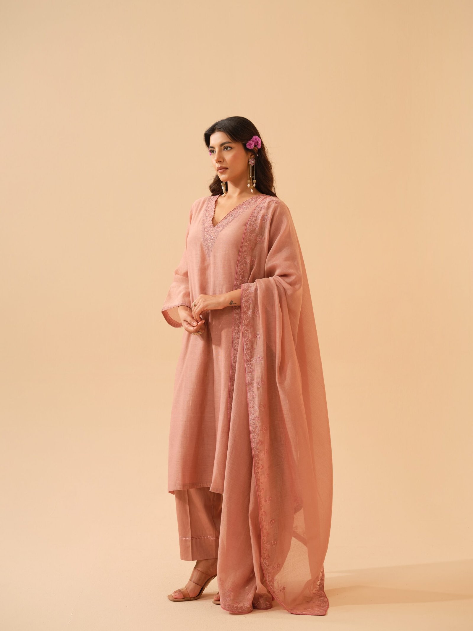 Palash- Blush Pink Mul Chanderi Embroidered Kurta Set with Dupatta