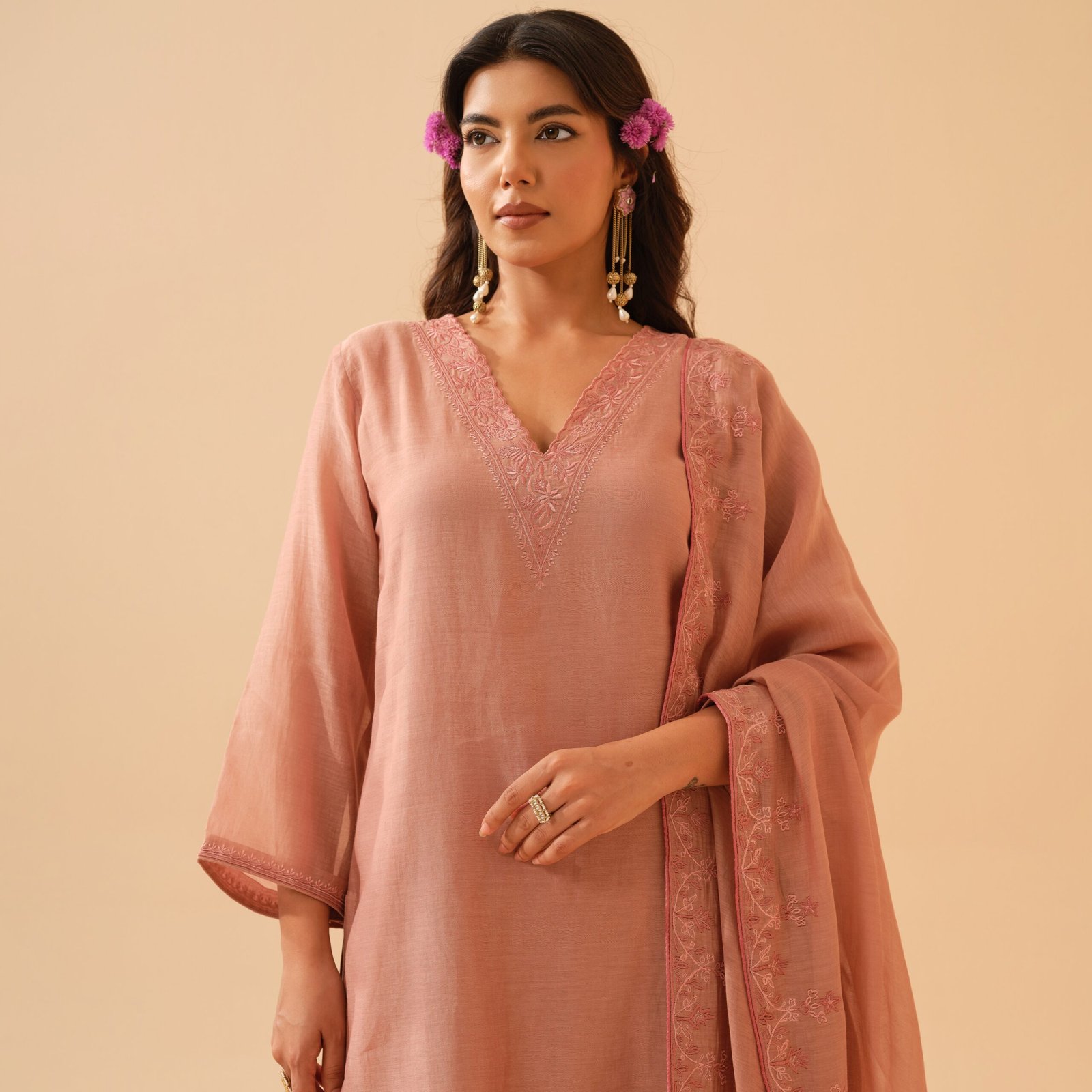 Palash- Blush Pink Mul Chanderi Embroidered Kurta Set with Dupatta