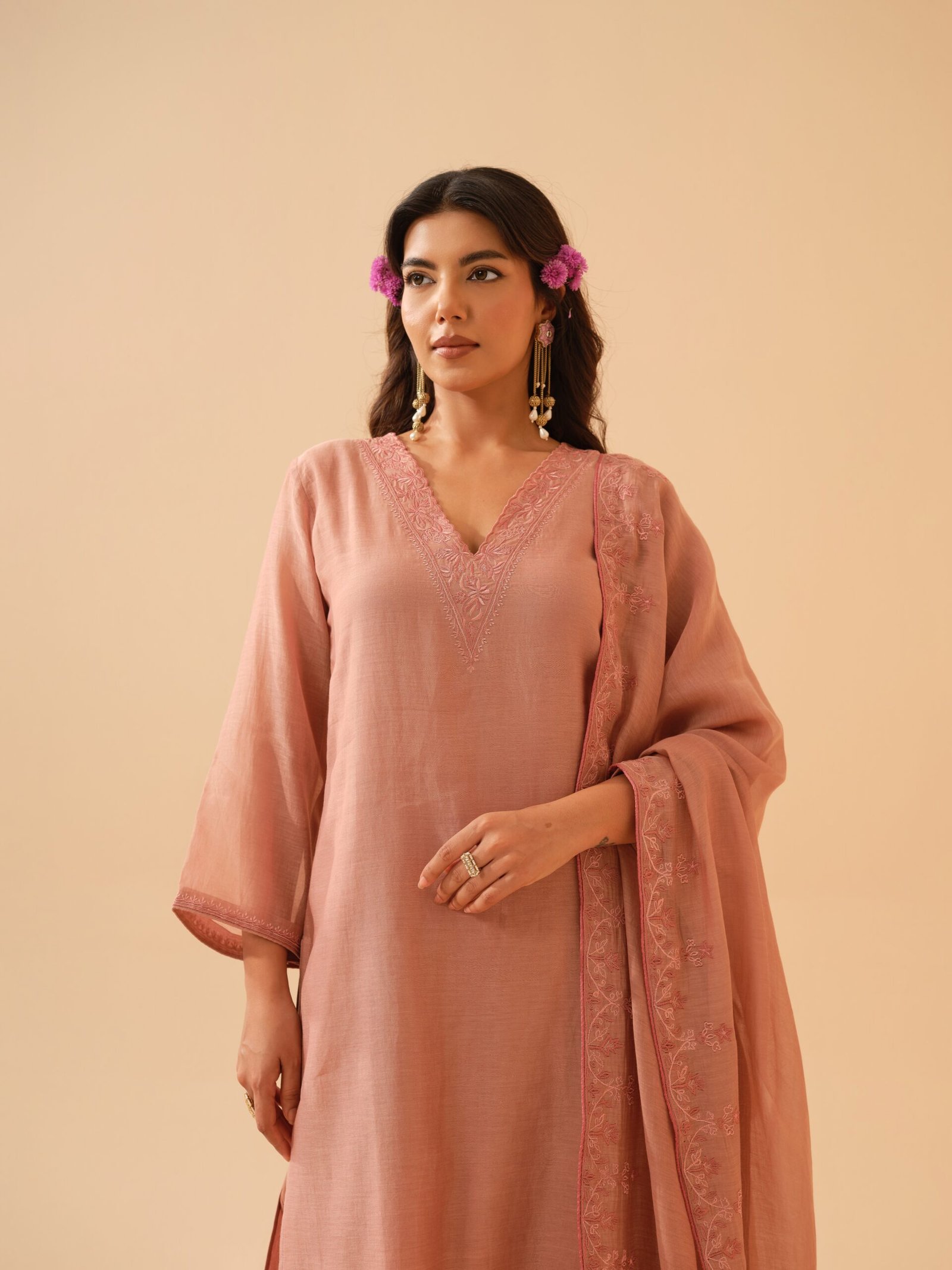 Palash- Blush Pink Mul Chanderi Embroidered Kurta Set with Dupatta