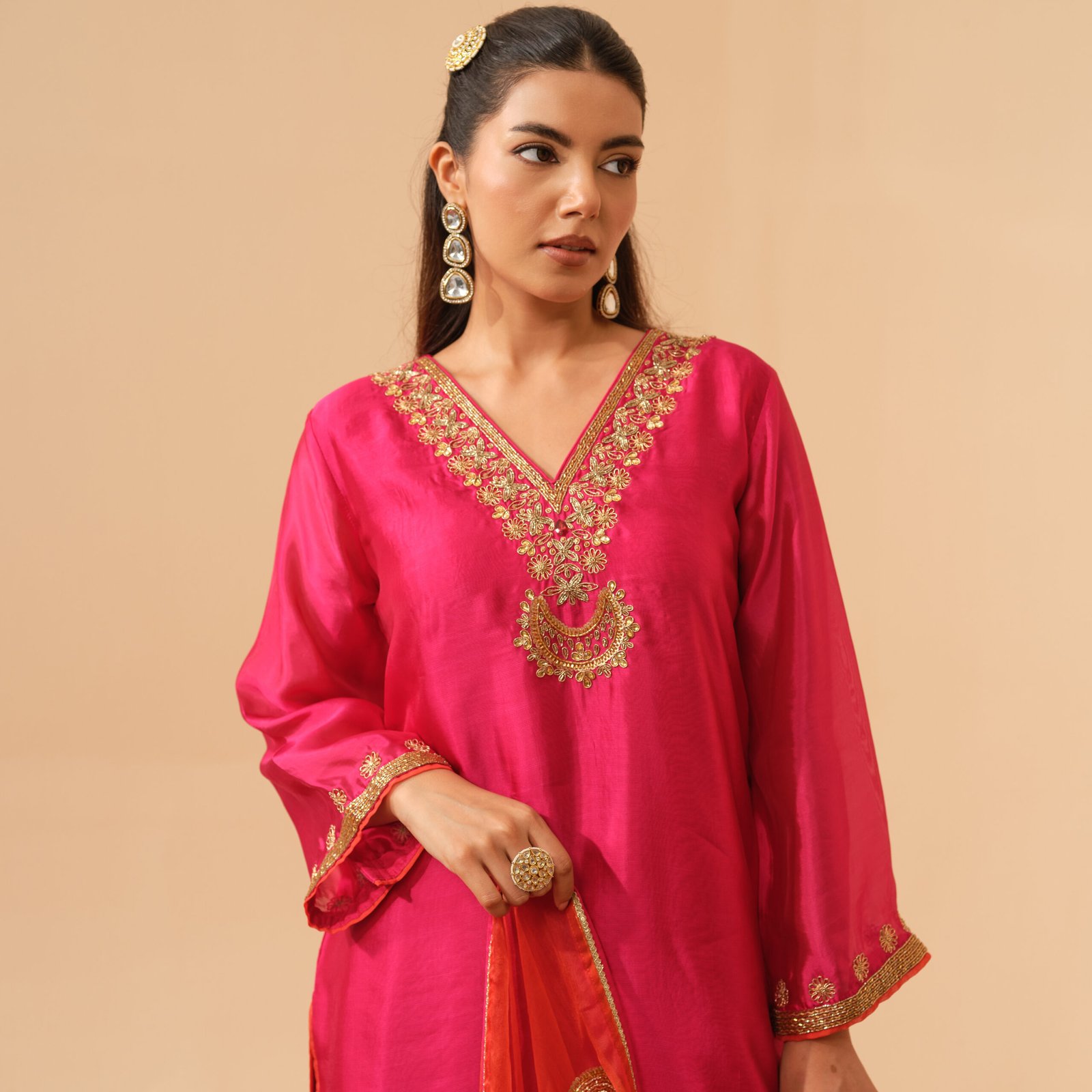 Chandramukhi - Fuchsia Pink Hand Embroidered kurta and Bottom with Sunset