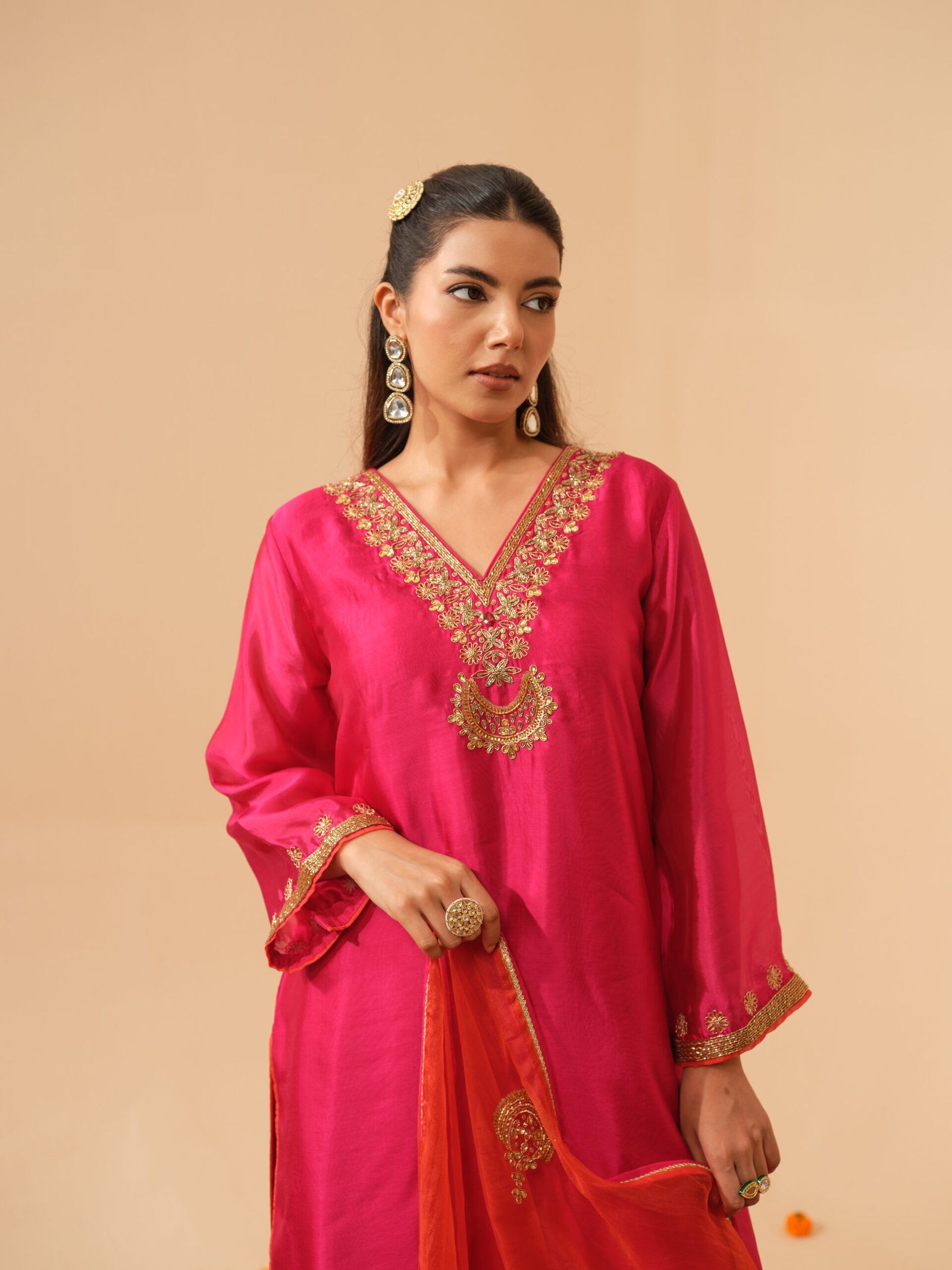 Chandramukhi – Fuchsia Pink Hand Embroidered kurta and Bottom with Sunset