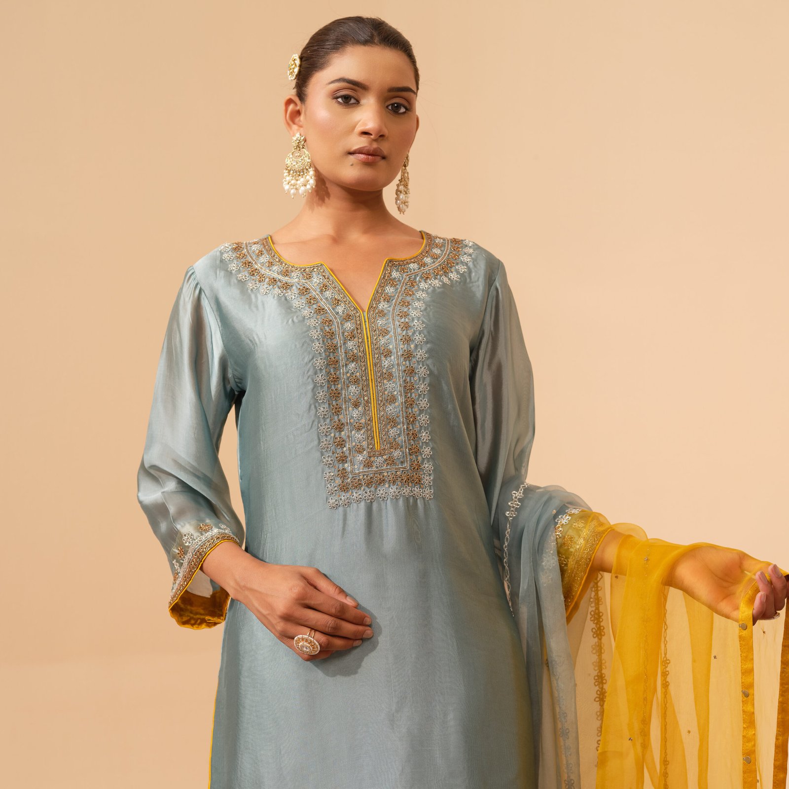 Sehar - Powder Blue Short Kurta with Mustard Farsi Salwar with Dupatta