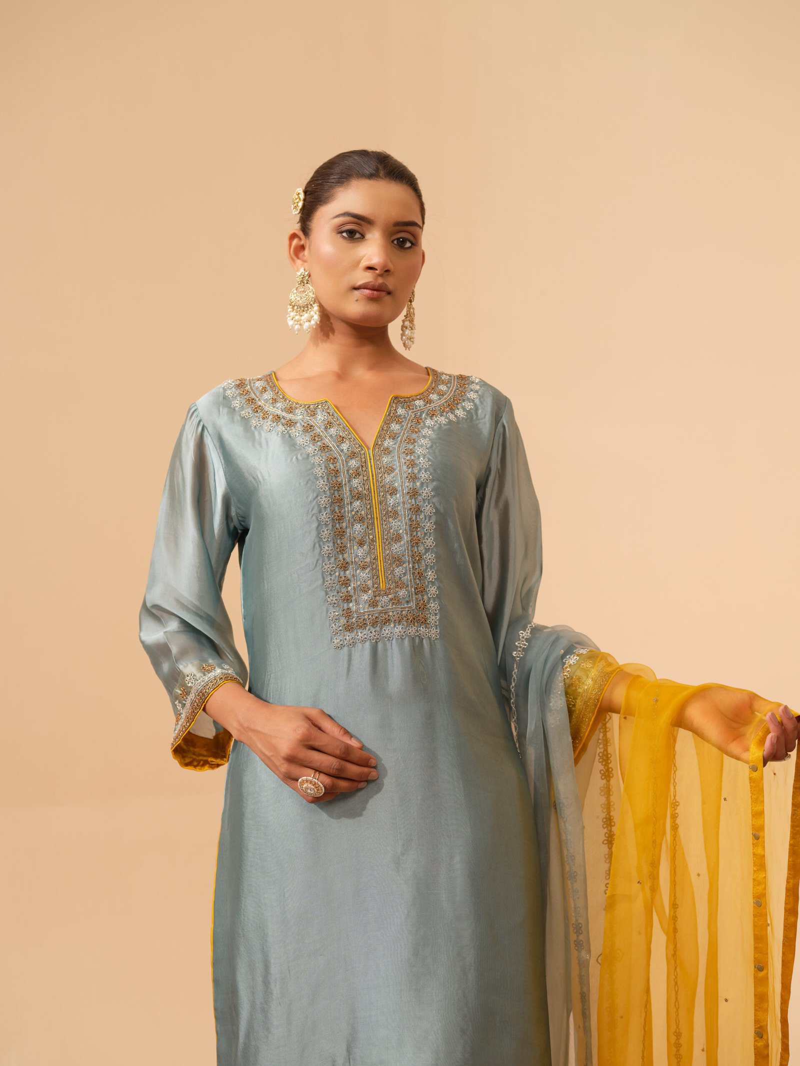 Sehar – Powder Blue Short Kurta with Mustard Farsi Salwar with Dupatta