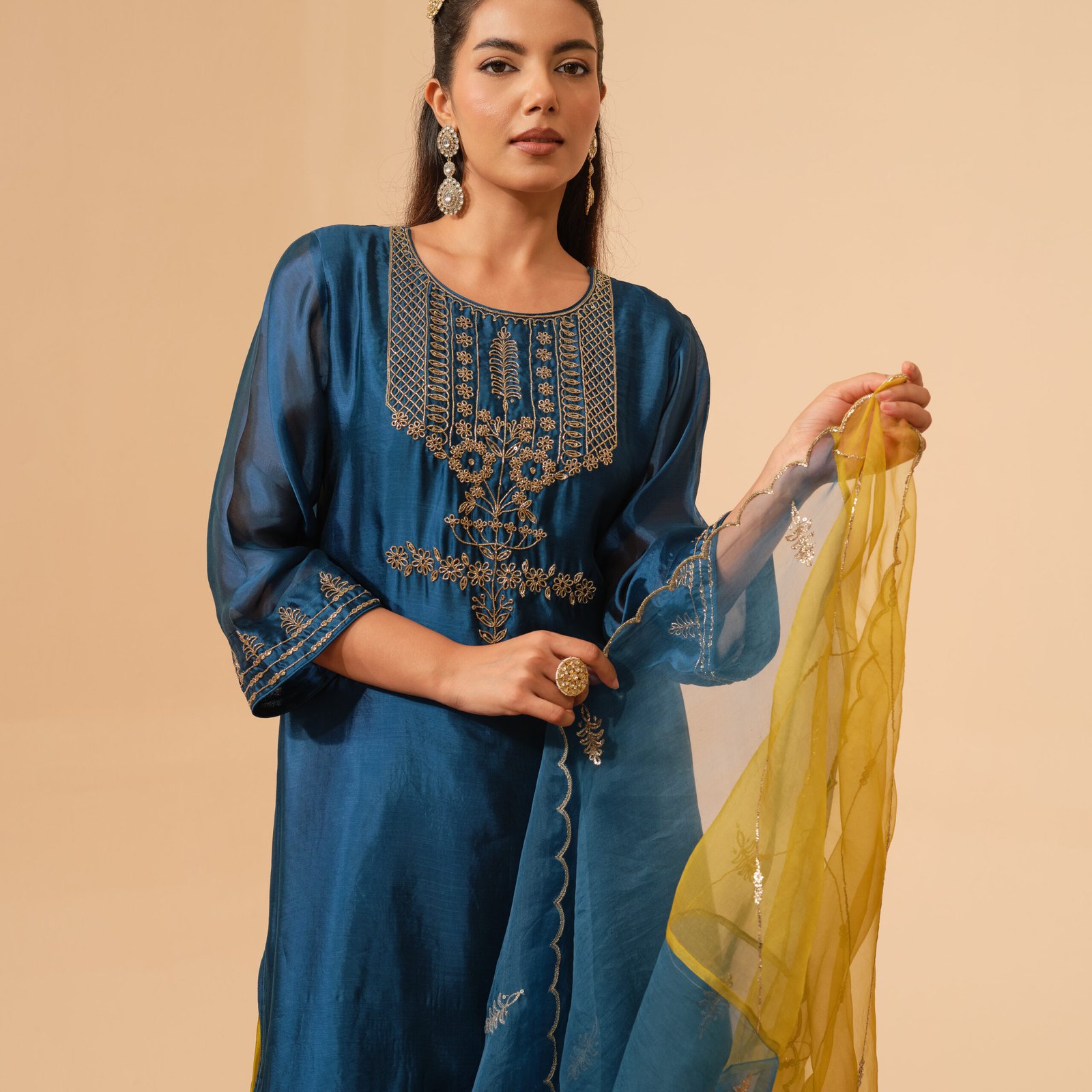 Mayuri - Peacock Blue Short Kurta with Green Gold Farsi Salwar with Dupatta