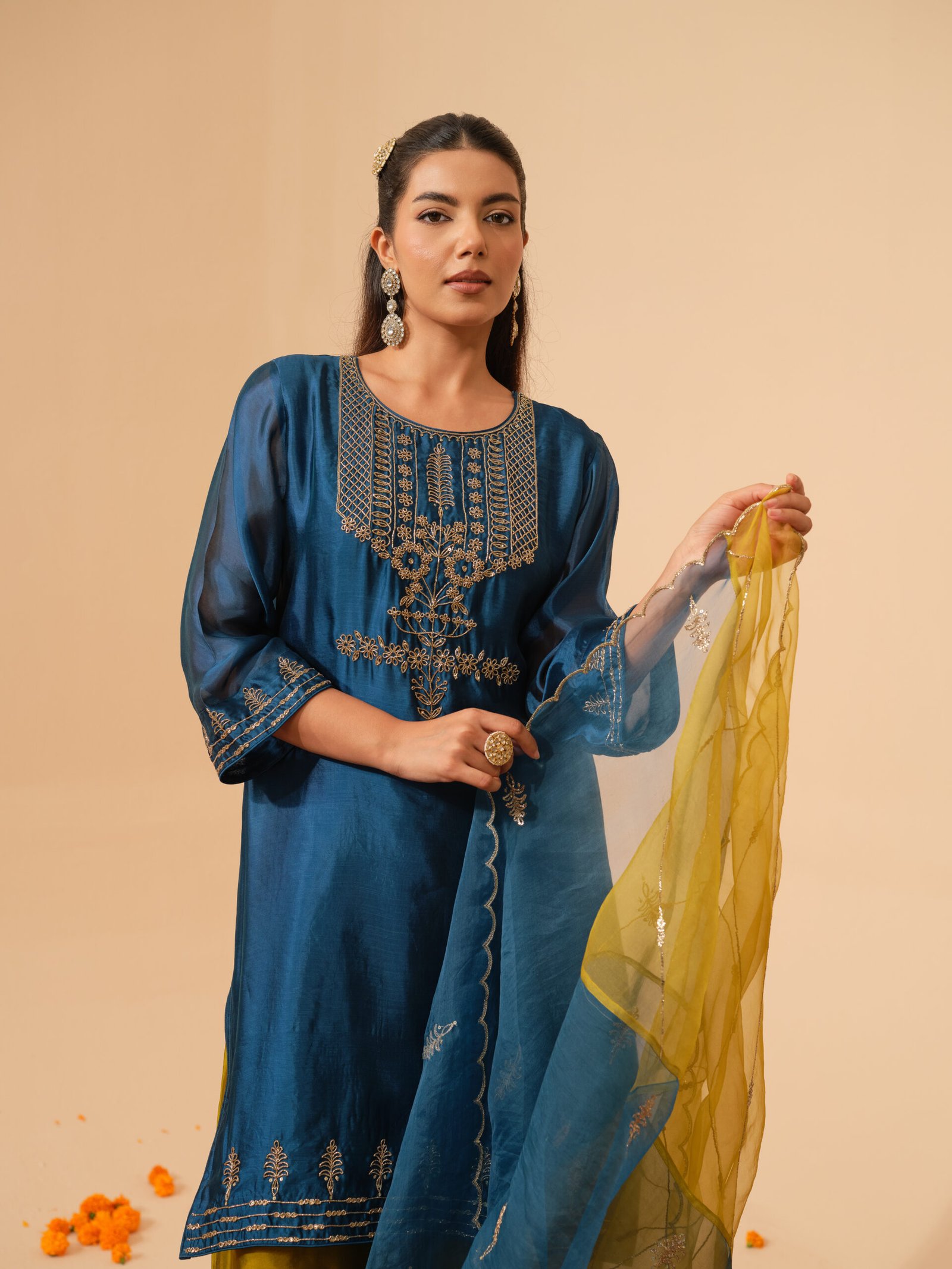 Mayuri – Peacock Blue Short Kurta with Green Gold Farsi Salwar with Dupatta