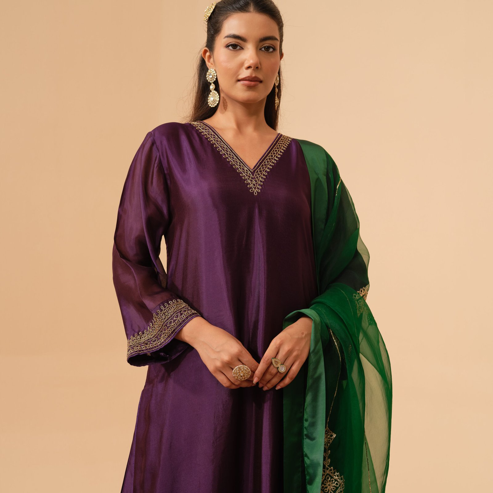 Begum - Aubergine Hand Embroidered Kurta and Bottom with Royal Green Dupatta