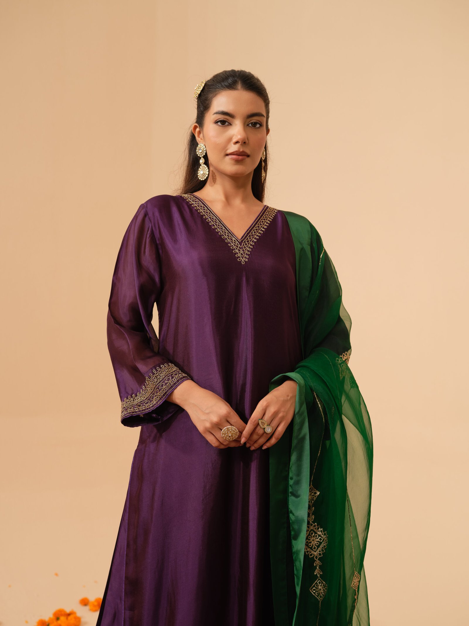 Begum – Aubergine Hand Embroidered Kurta and Bottom with Royal Green Dupatta