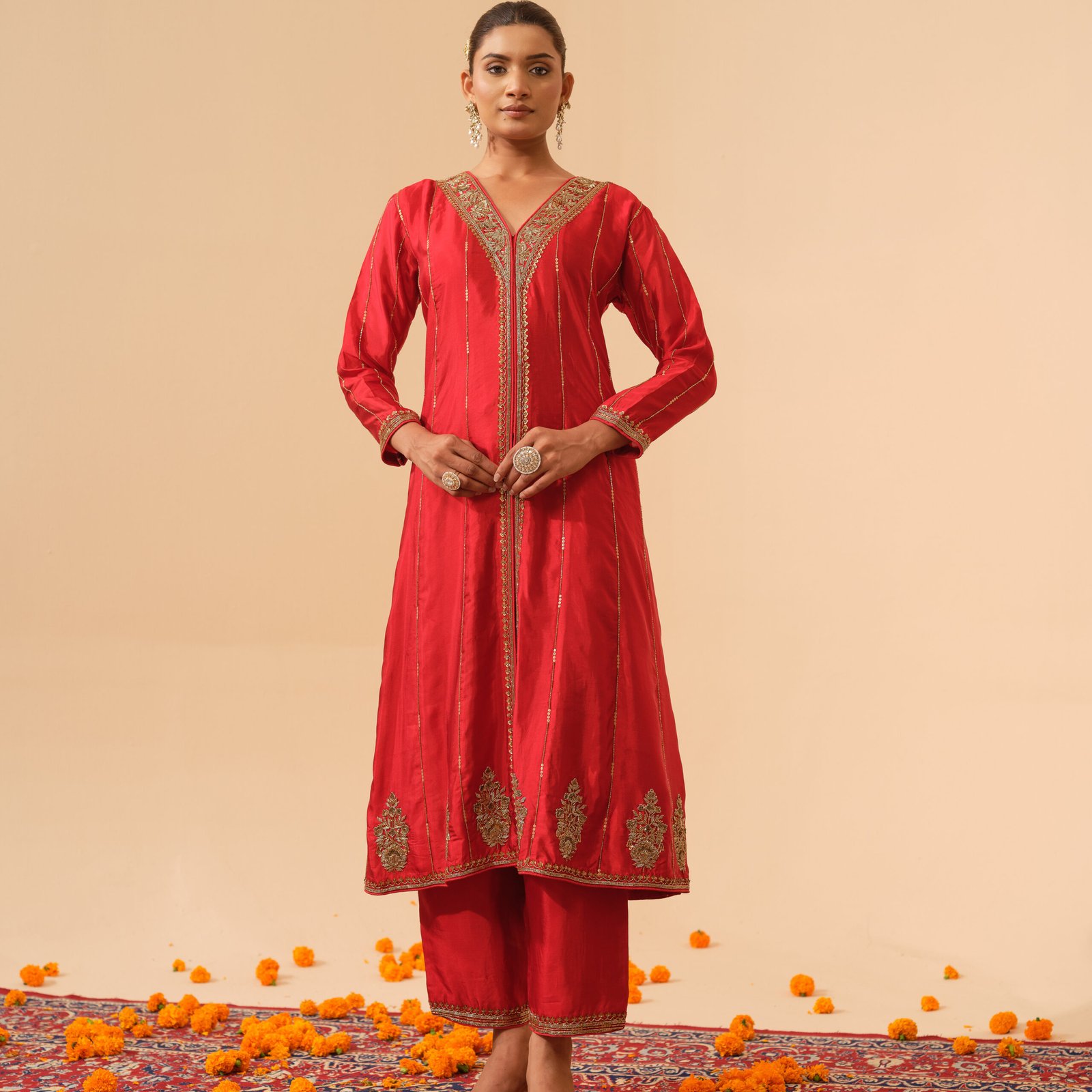 Rohini - Sacred Red Hand Embroidered Kalidar Kurta Set