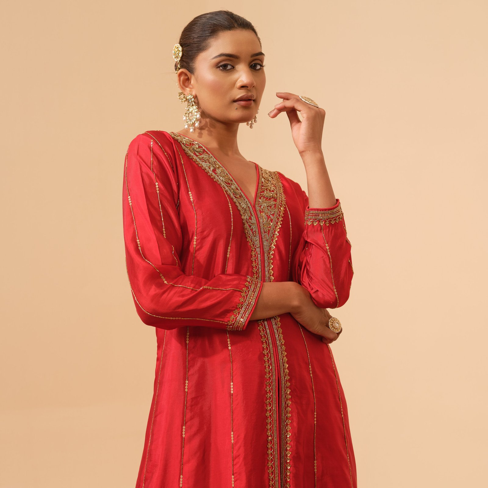 Rohini - Sacred Red Hand Embroidered Kalidar Kurta Set