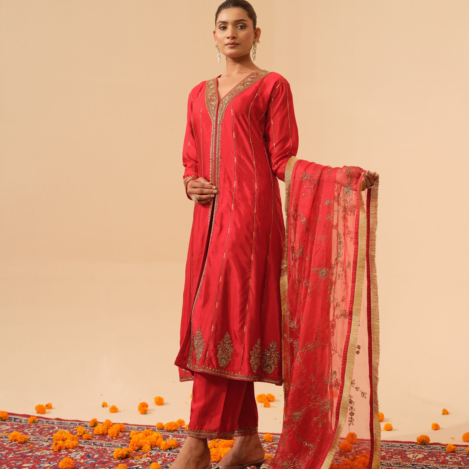 Sacred Red Hand Embroidered Dupatta