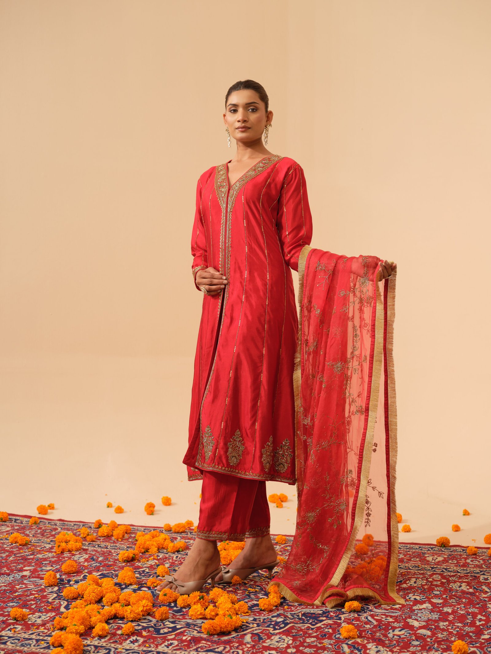 Sacred Red Hand Embroidered Dupatta
